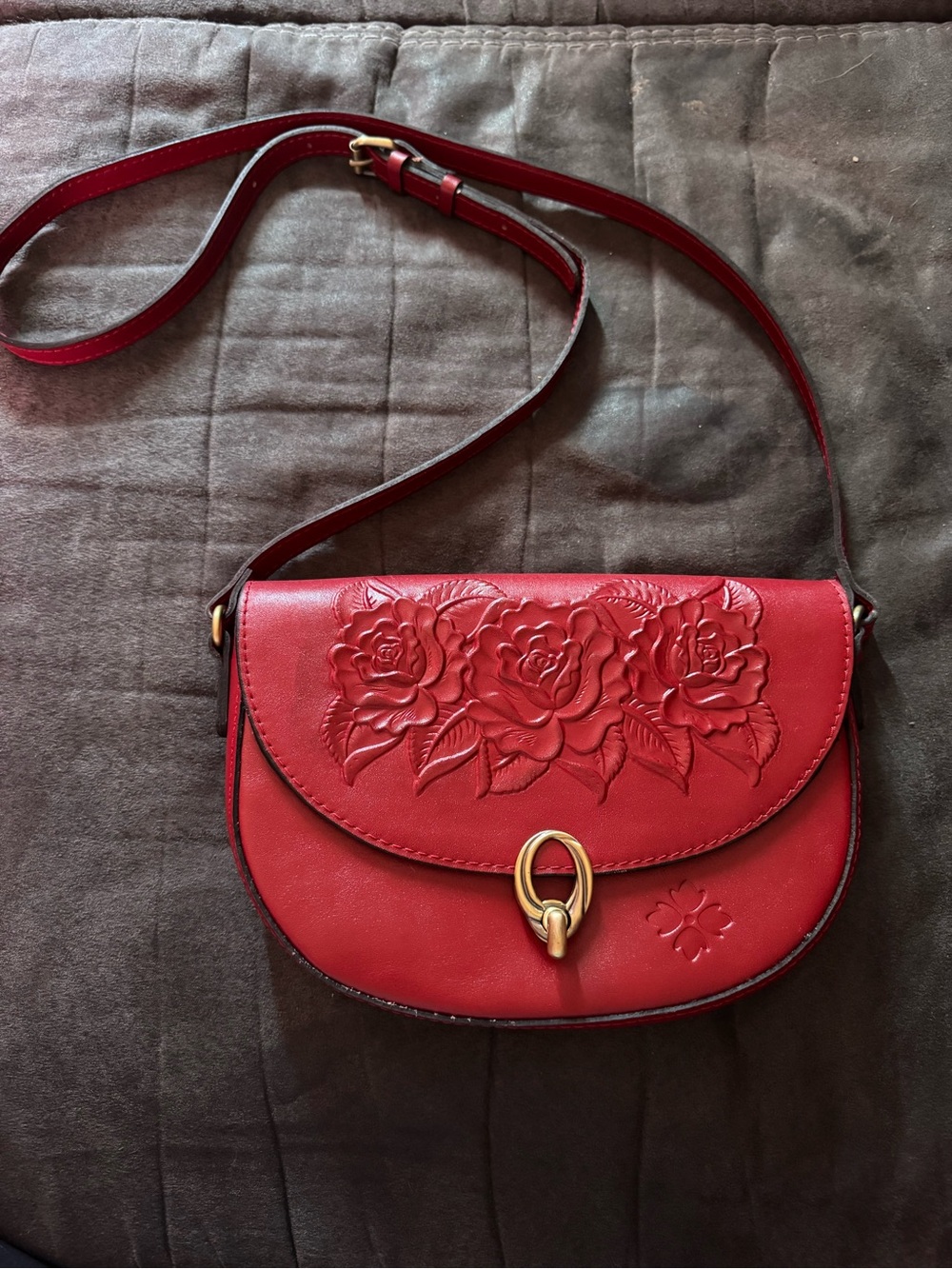 Patricia Nash Red Floral Embossed Leather Crossbody with Gold-Tone Accent